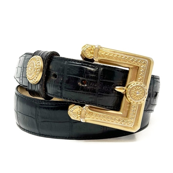 Vintage Brighton Belt Size XS/S Black Crock Embossed Leather Chunky Gold Buckle main image 5